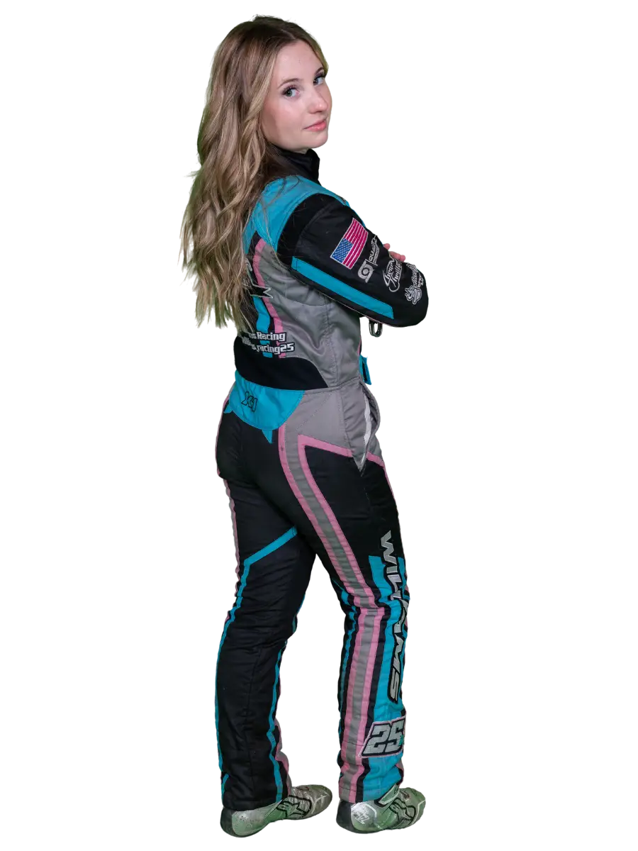 Ashley Williams in No. 25 sprint car race suit arms crossed