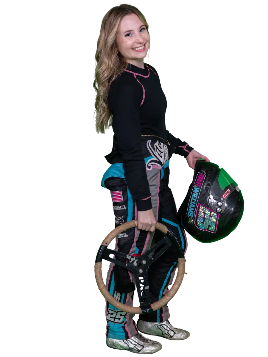 Ashley Williams in No. 25 race suit holding helmet and sprint car steering wheel